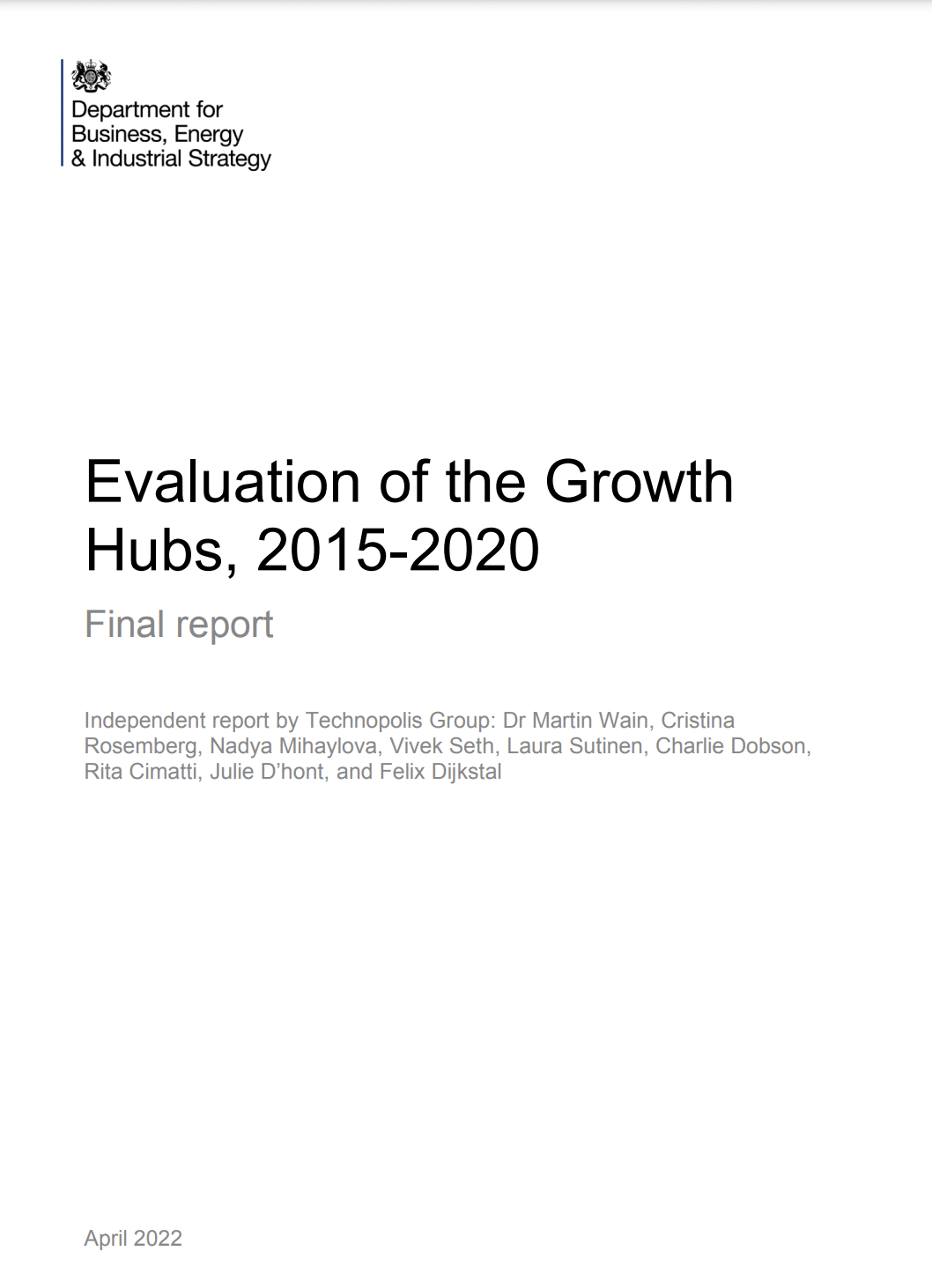 Evaluation of the Growth Hubs, 2015-2020